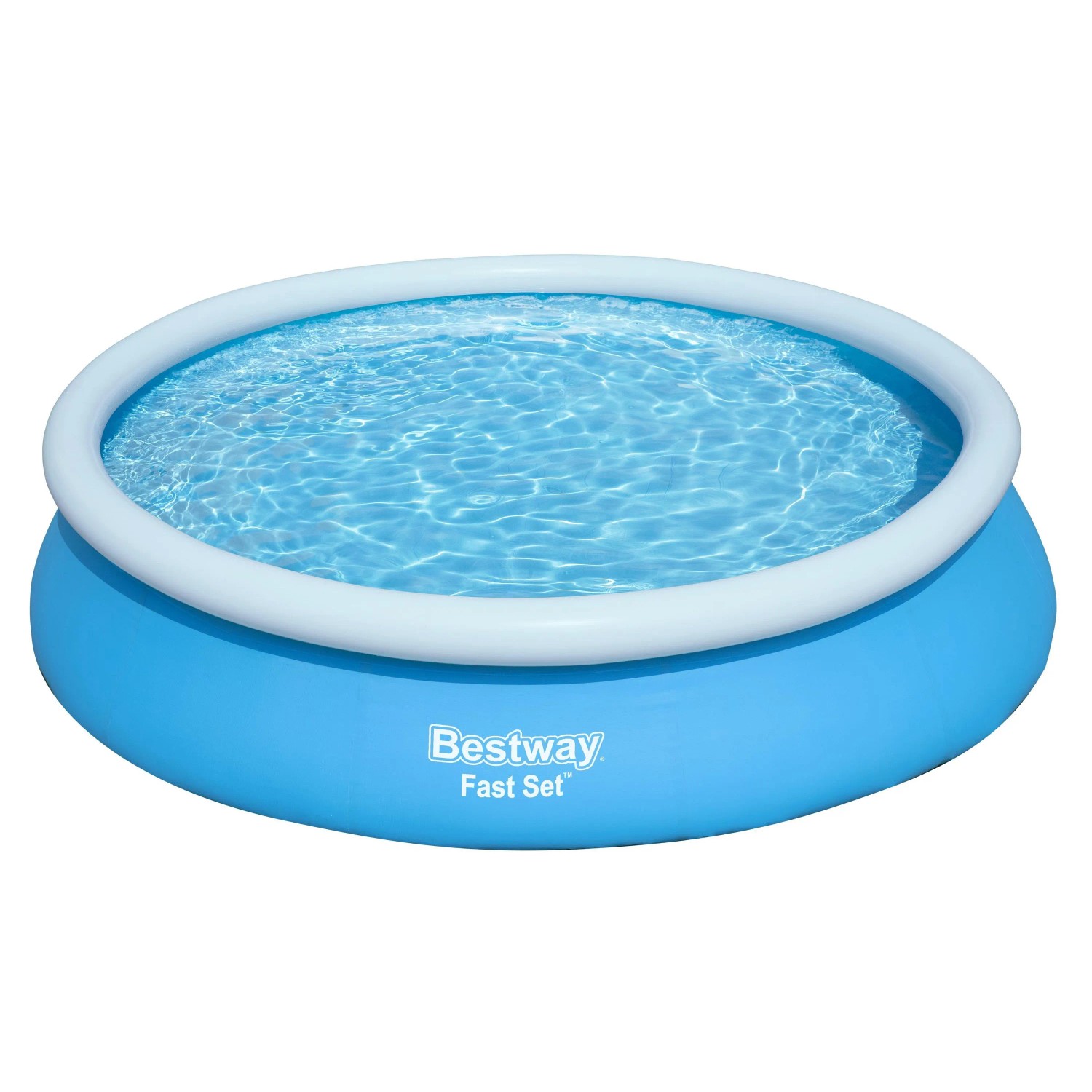 Blauer Bestway Fast Set Aufstellpool, rund, mit weißem aufblasbaren Ring und klarem Wasser. Ideal für den Garten.