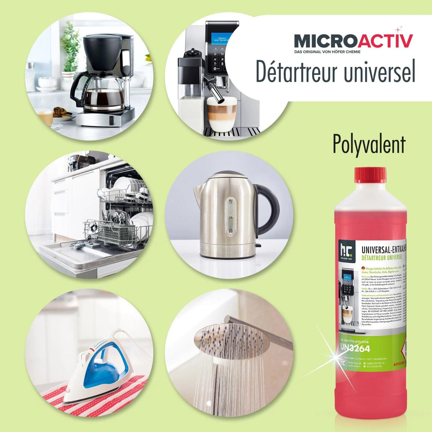 Microactiv Universal Entkalker 2x5l: Anwendungsbeispiele (Kaffeemaschine, Wasserkocher, Spülmaschine, Dusche, Bügeleisen)