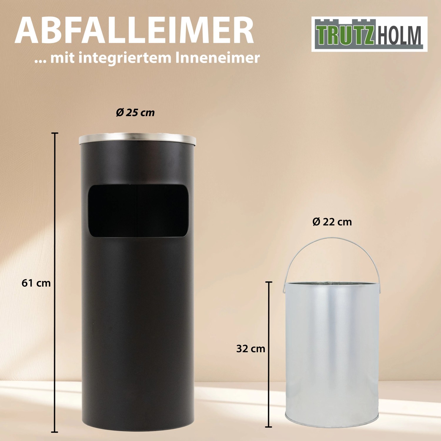 Schwarzer TRUTZHOLM Abfalleimer mit Aschenbecher und Metalleinsatz, Maße dargestellt.