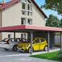 Skan Holz Doppelcarport Wendland mit Anbau, schiefergraues Leimholz, rotes Aludach, zwei geparkte Autos.