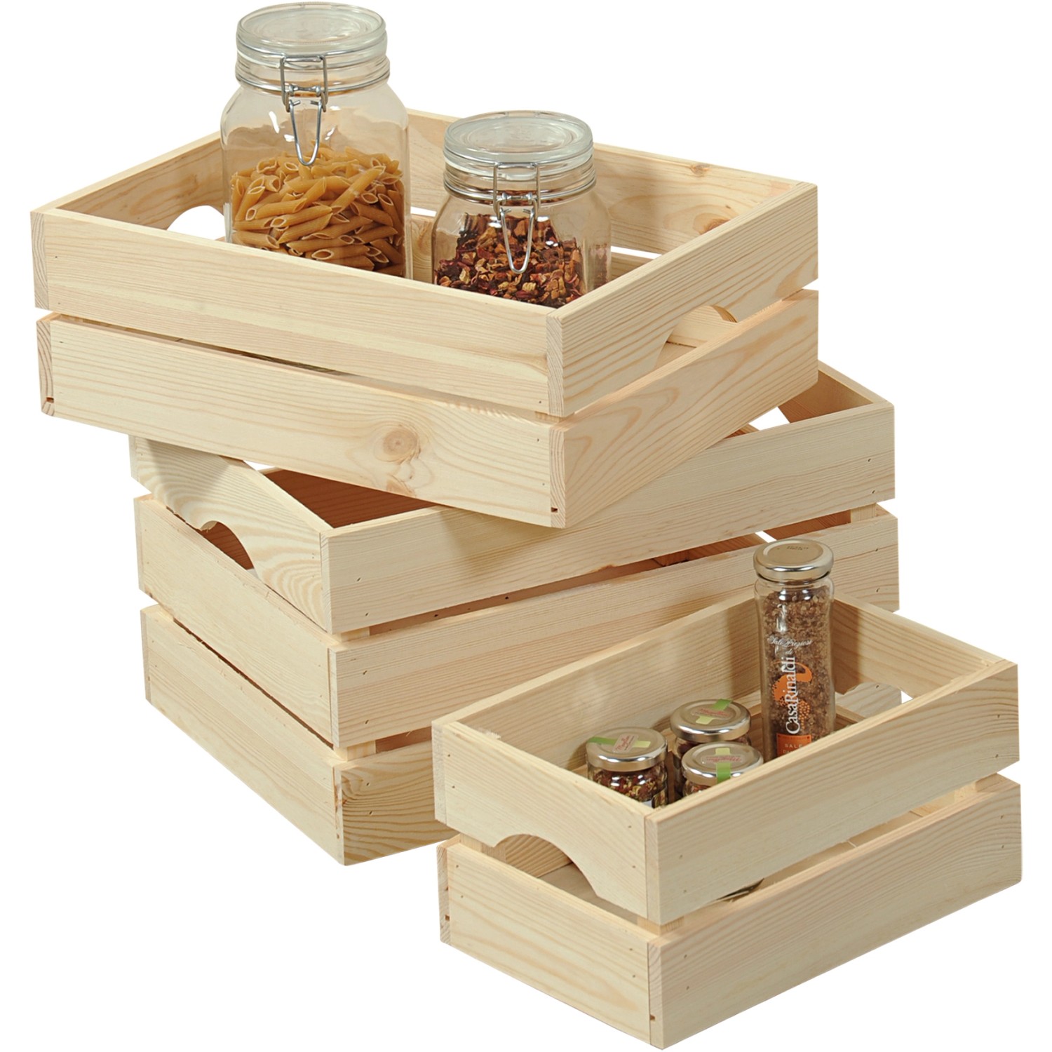 Gestapelte Kesper Holzkisten aus Kiefernholz, 9 l, mit Lebensmitteln in Gläsern als Aufbewahrungsboxen.