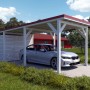 Holzbrüder Carport Ralf mit Geräteraum, reinweiß, mit rotem Dach und Auto.
