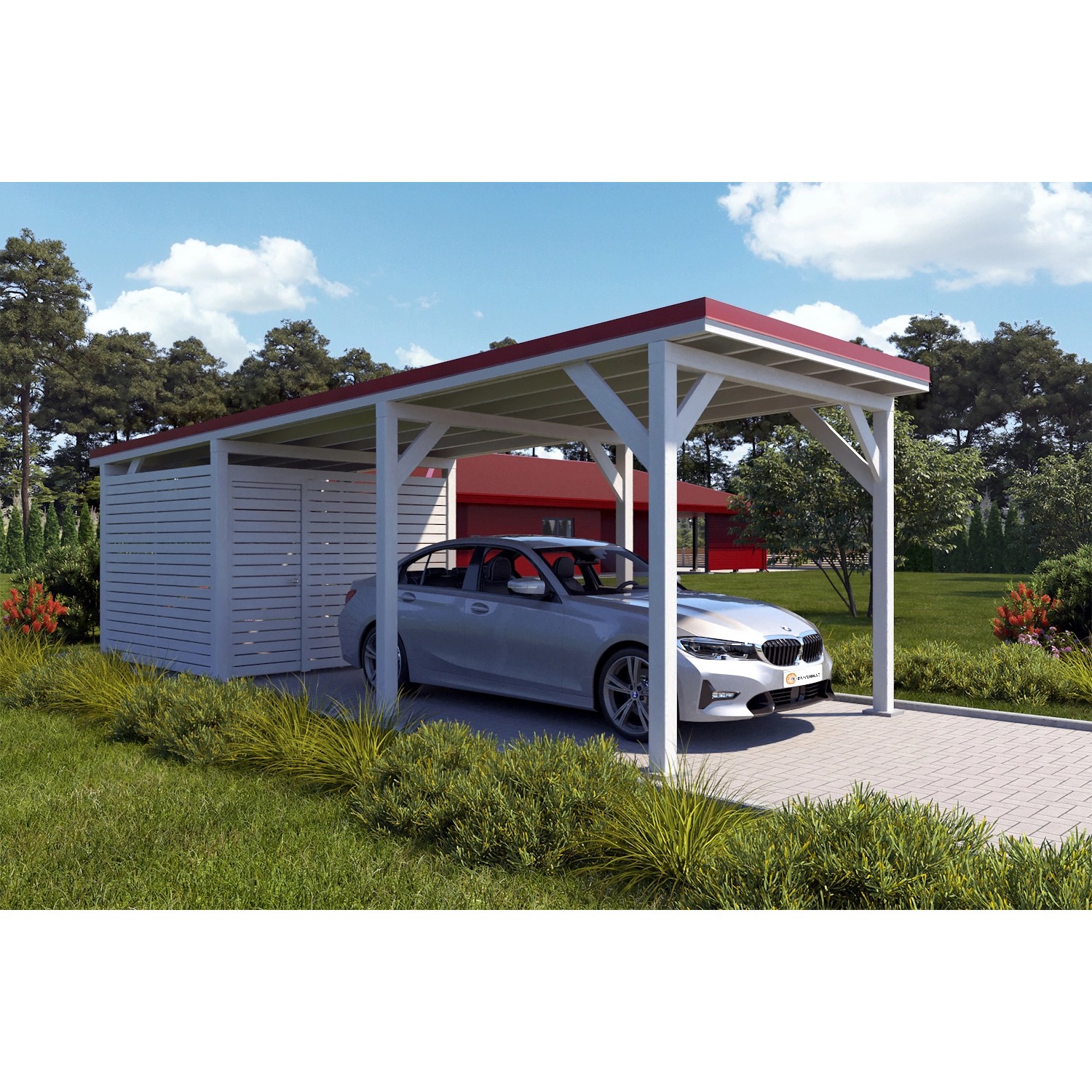 Holzbrüder Carport Ralf 26m² mit Geräteraum Reinweiß-Rot günstig online kaufen