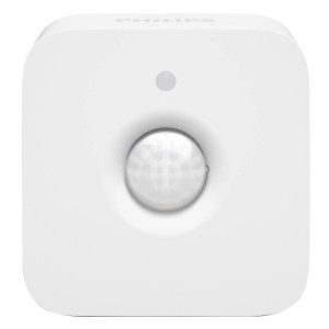 Weißer, kabelloser Philips Hue Bewegungsmelder für Innenräume. Quadratisches Design mit rundem Sensor.