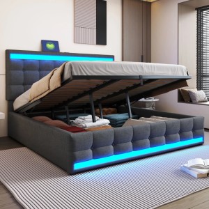Graues Polsterbett 180x200cm mit hydraulischem Stauraum, blauer LED-Beleuchtung und Leinenbezug.