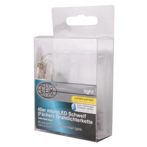 Lex 40er Micro LED Schweif Drahtlichterkette, warmweiß, batteriebetrieben, silbernes Kabel, auch unter Wasser nutzbar.