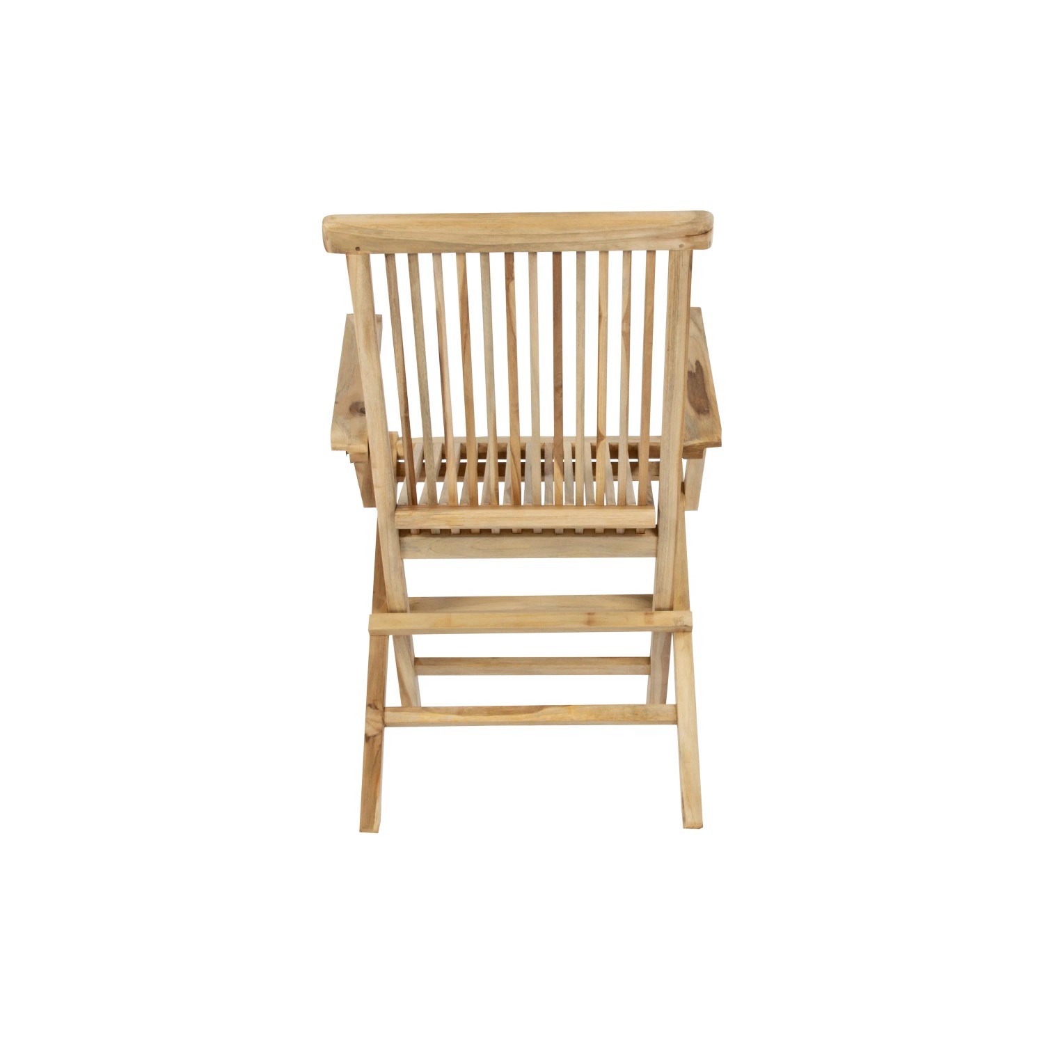 Geklappter Teakholz Gartenstuhl MALLORCA mit Armlehnen, Rückansicht.