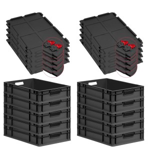 PROREGAL SuperSparSet 10x Eurobox Nextgen Grip Mit Scharnierdeckel Und Roten Verschlüssen HxBxT 12x40x60cm 23 Liter Schwarz Griffe Offen
