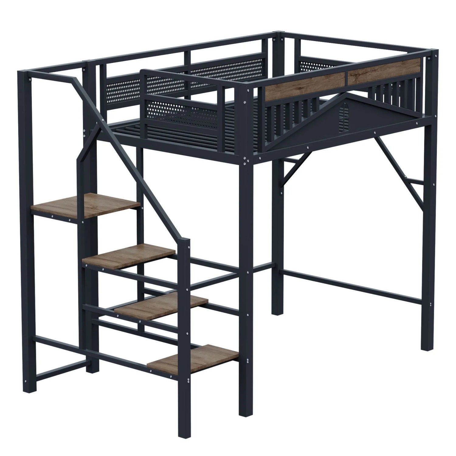 okwish Hochbett 140x200cm mit Sicherheitsumrandung Leiter Jugendbett Schwarz ohne Matratze