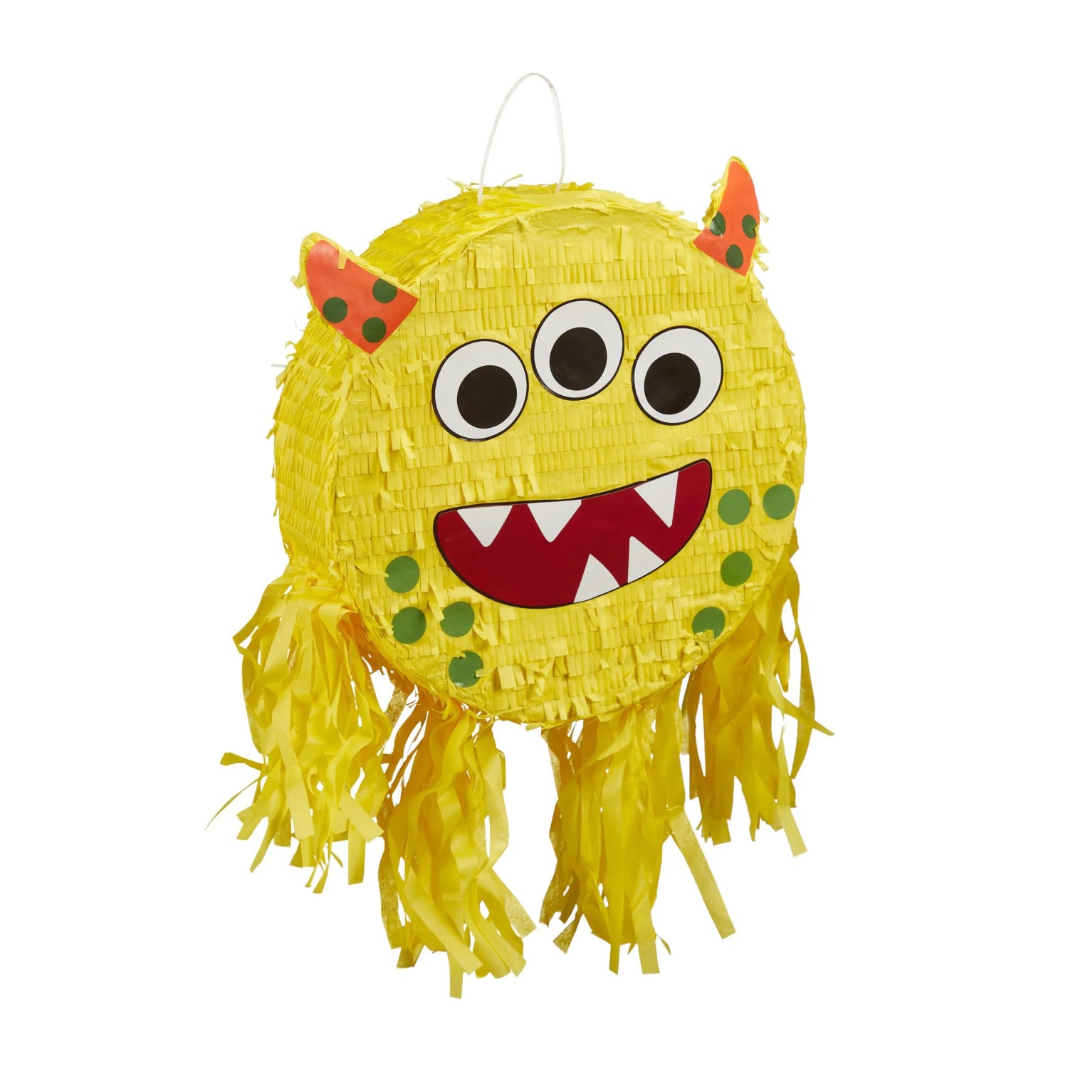 Bunte Monster Pinata aus Pappe für Kindergeburtstage. Gelbe Party-Deko mit drei Augen, Hörnern und Papierfransen, befüllbar.