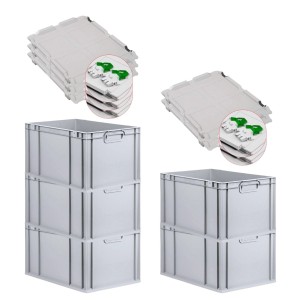 PROREGAL SuperSparSet: 5 graue Euroboxen mit grünen Scharnierdeckeln, gestapelt.