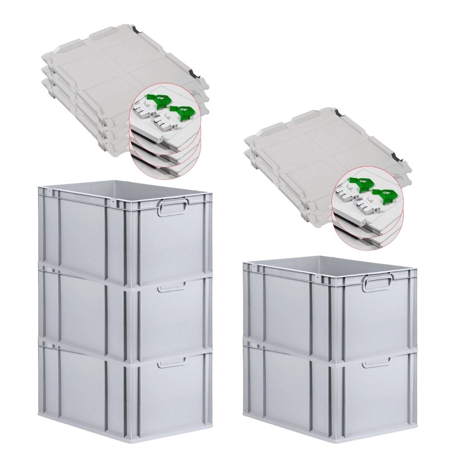 PROREGAL SuperSparSet 5x Eurobox NextGen Grip mit Scharnierdeckel und Grünen Schiebeschnappverschlüssen HxBxT 32 x 40 x ...