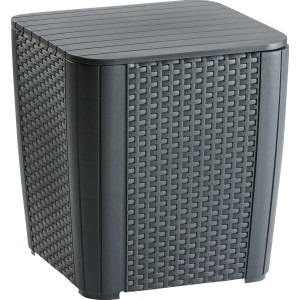 Tisch/Aufbewahrungsbox aus dem Balkonmöbel-Set Napoli, Graphit mit Holzstruktur.