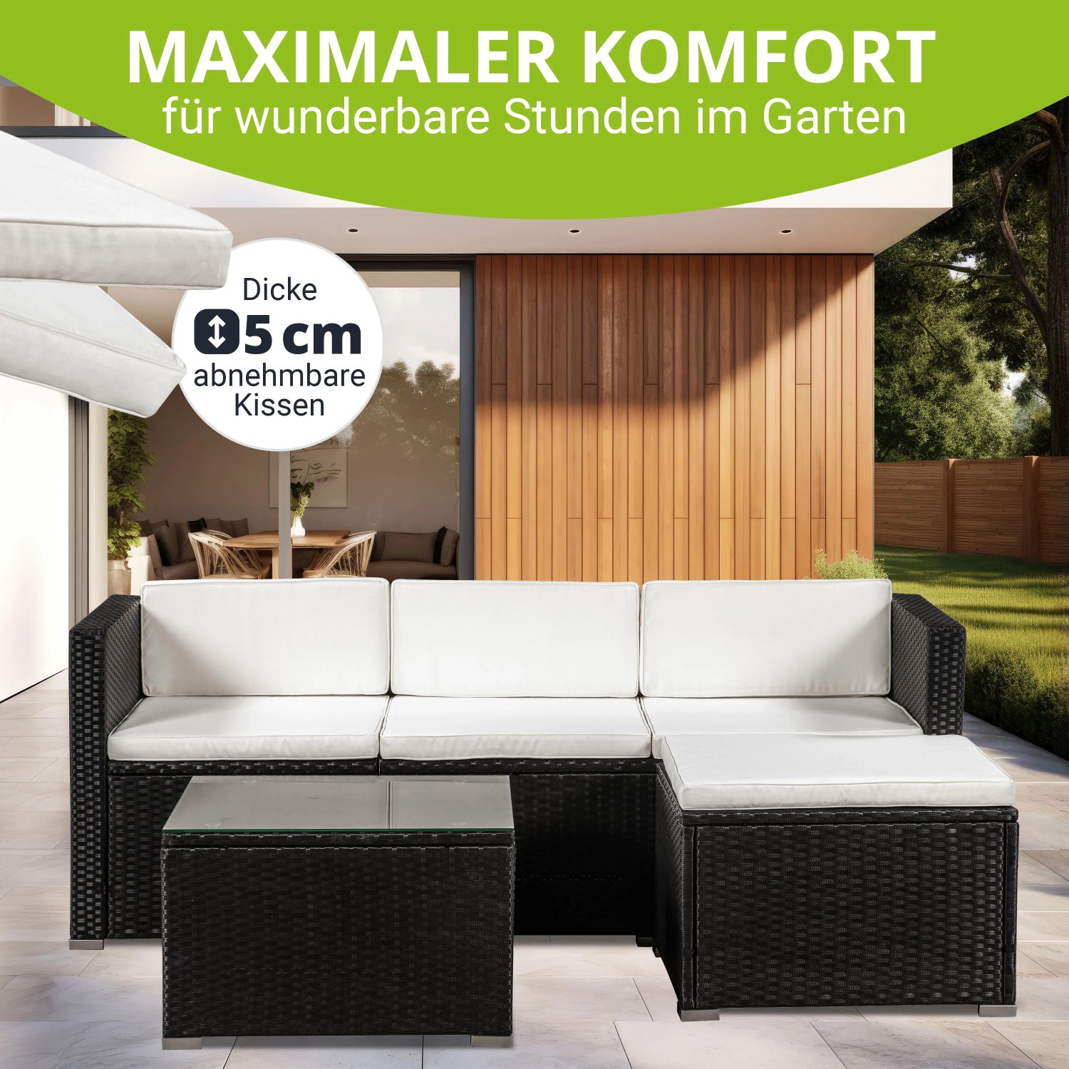 Schwarze Polyrattan Lounge Punta Cana mit creme Bezügen, bestehend aus Sofa, Hocker und Tisch. Gartenmöbel für Terrasse und Garten.