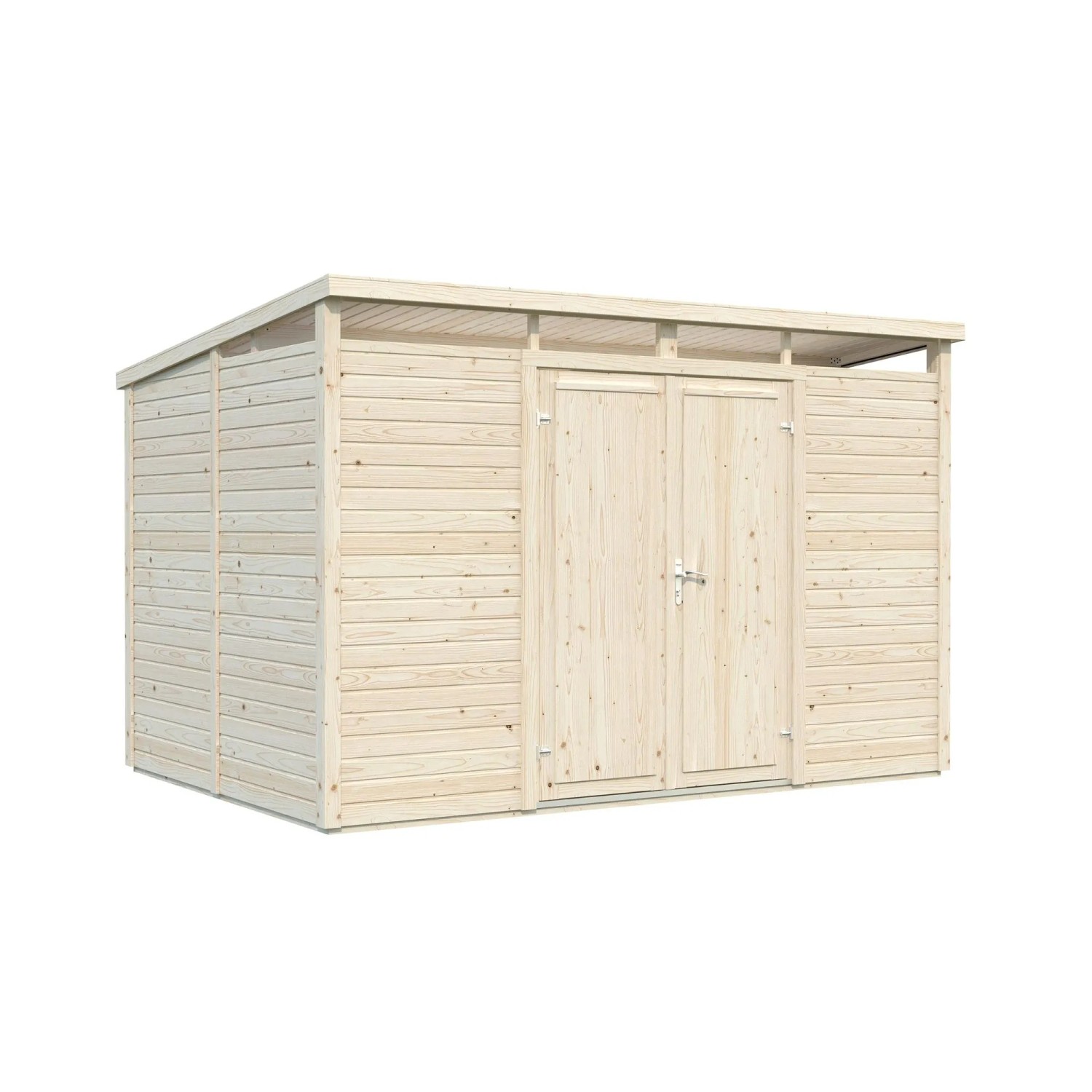 Unbehandeltes Palmako Holz-Gartenhaus mit Pultdach, 330x228 cm, 7,3 m² Grundfläche.