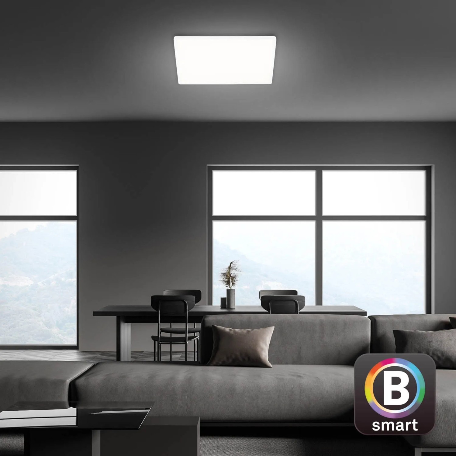 Weiße, smarte Brilo WiFi LED Deckenleuchte Slim im modernen Wohnraum, 42x42 cm.
