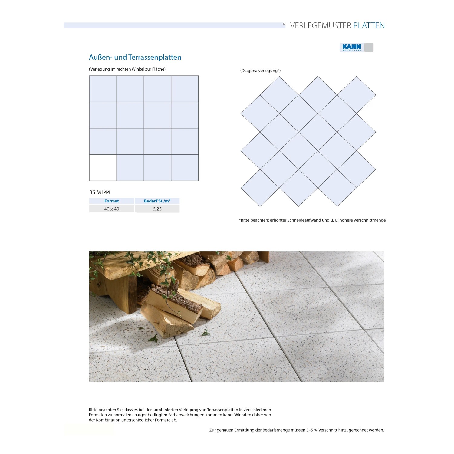 Terrassenplatten Beton Mailand weiß-schwarz, wassergestrahlt, Verlegemuster und Detailansicht.