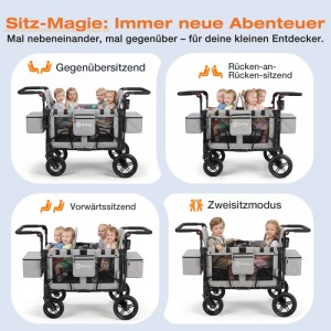 Sekey Faltbarer Bollerwagen für 4 Kinder Kinderwagen mit 4 Integrierten 5-Punkt-Gurtsystem Schwarz