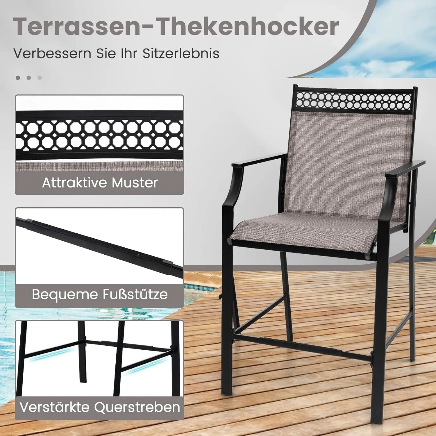 Costway 2er Set Hohe Gartenstühle Metallrahmen 180 kg Belastbar Kaffee_6