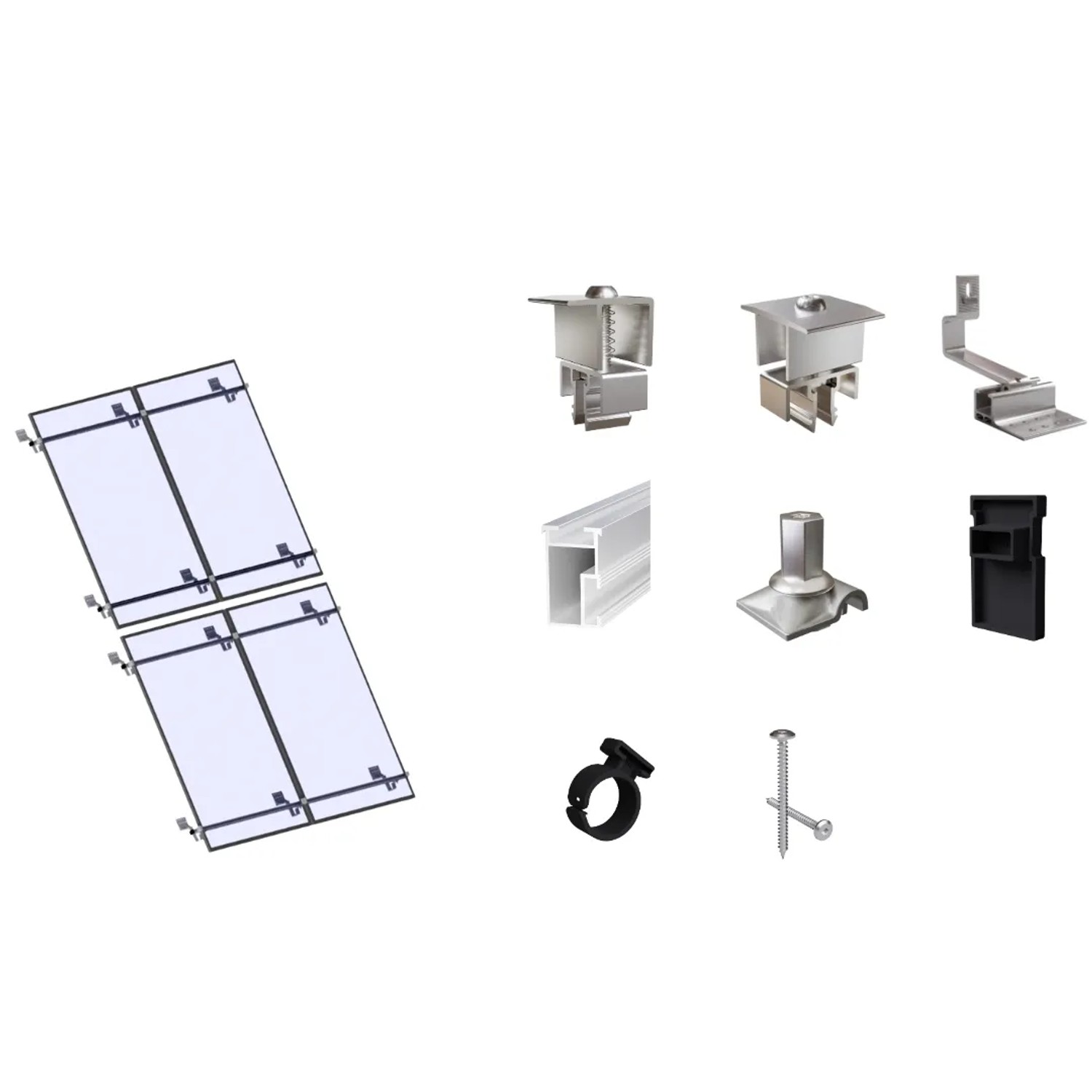 SolMount Montageset Schrägdach 4 Module Anordnung 2 Module nebeneinander und 2 Module untereinander Aluminium Natur