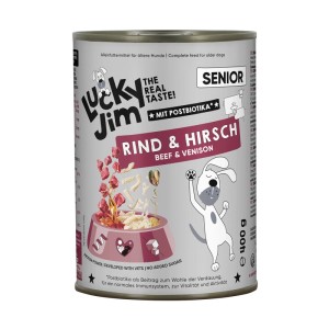 Lucky Jim Hunde-Nassfutter Senior Rind & Hirsch, 400g Dose. Alleinfutter für ältere Hunde.