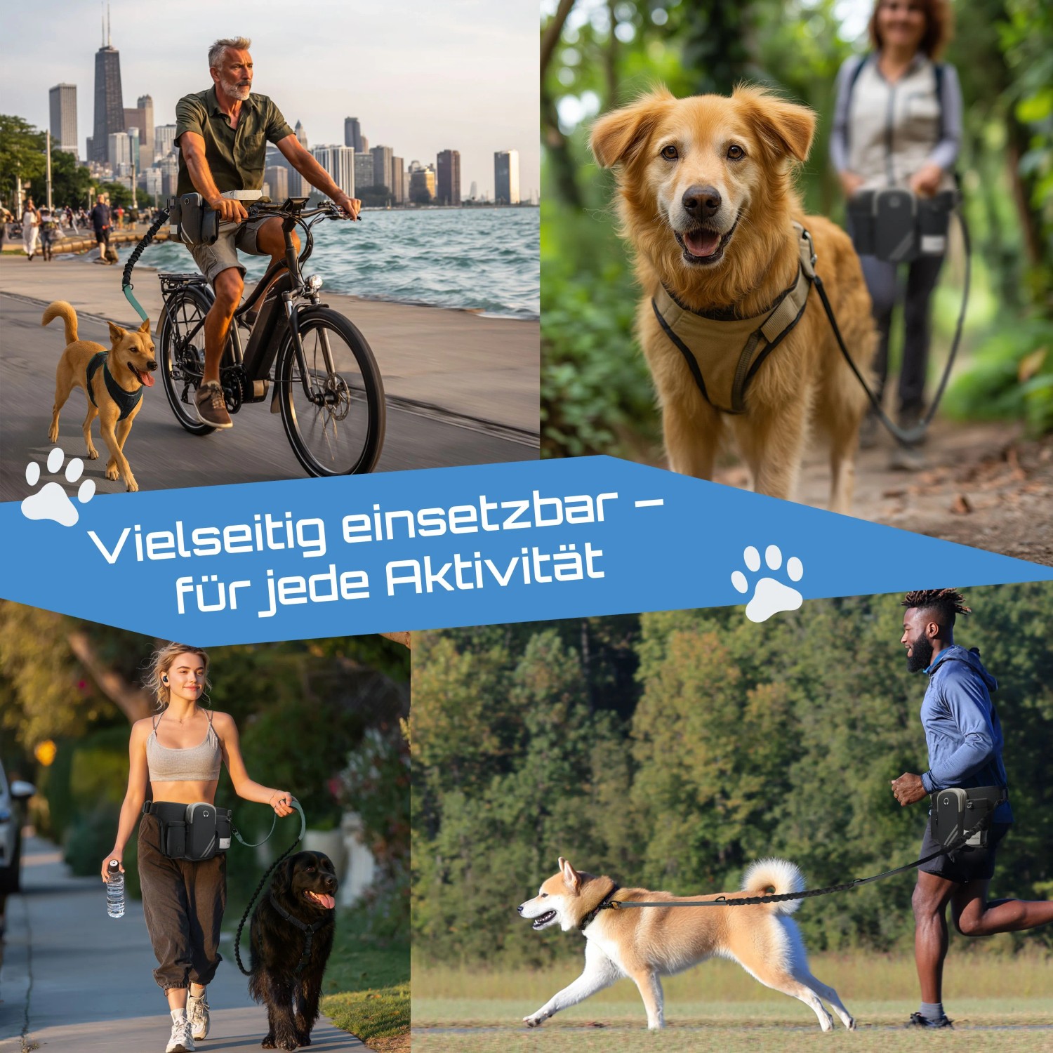 Petsation Joggingleine mit Bauchgurt im Einsatz: Radfahrer, Spaziergänger, Jogger mit Hund.