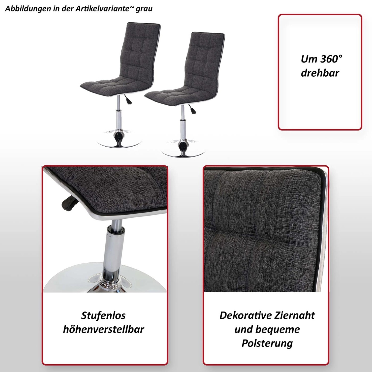 2er-Set graue MCW Esszimmerstühle C41 mit Textilbezug, drehbar und höhenverstellbar.