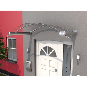 Modernes Bogenvordach BV/B in Edelstahloptik schützt den Eingangsbereich vor Wind und Wetter.
