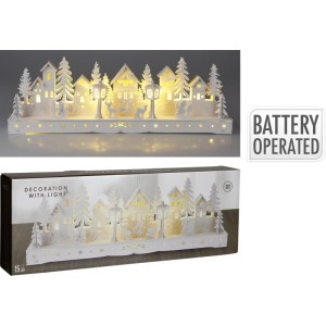 Weißes Pappelholz-Dorf mit LED-Häusern, Bäumen und Figuren. Batteriebetriebene Weihnachtsdekoration, 45 cm lang.