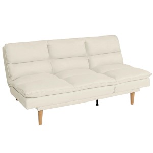 Cremefarbenes MCW Schlafsofa M79 aus Stoff/Textil mit Holzfüßen.