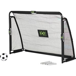 Schwarzes EXIT Maestro Fußballtor (180x120cm) aus Stahl mit Netz, Ball und Erdankern.