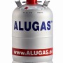 Alugas Propangas Füllung 11 kg für Eigentumsflasche, silberne Gasflasche mit rotem Verschluss.