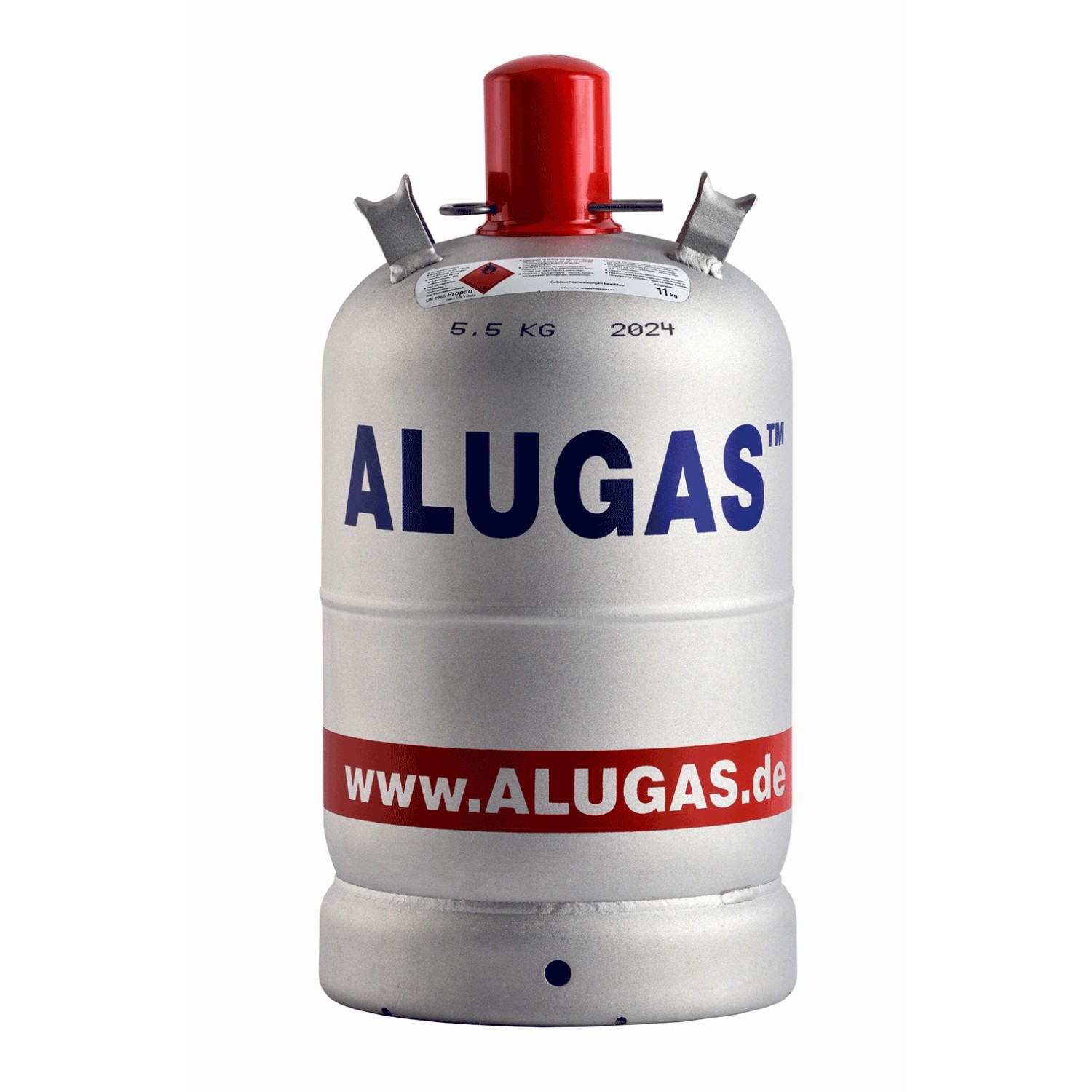 Alugas Propangas Füllung 11 kg für Eigentumsflasche, silberne Gasflasche mit rotem Verschluss.