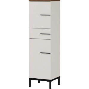 Schlanker Bad-Hochschrank Kaschmir/Nussbaum mit 2 Türen, 1 Schublade, schwarzen Griffen und Metallfüßen.
