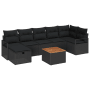 Schwarzes 8-teiliges Garten-Sofa-Set aus Poly Rattan mit Kissen und Tisch.
