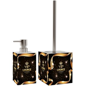 Sanilo Bad Set VIP Lounge: Seifenspender und WC-Bürste mit Edelstahl-Griff und edlem Design.