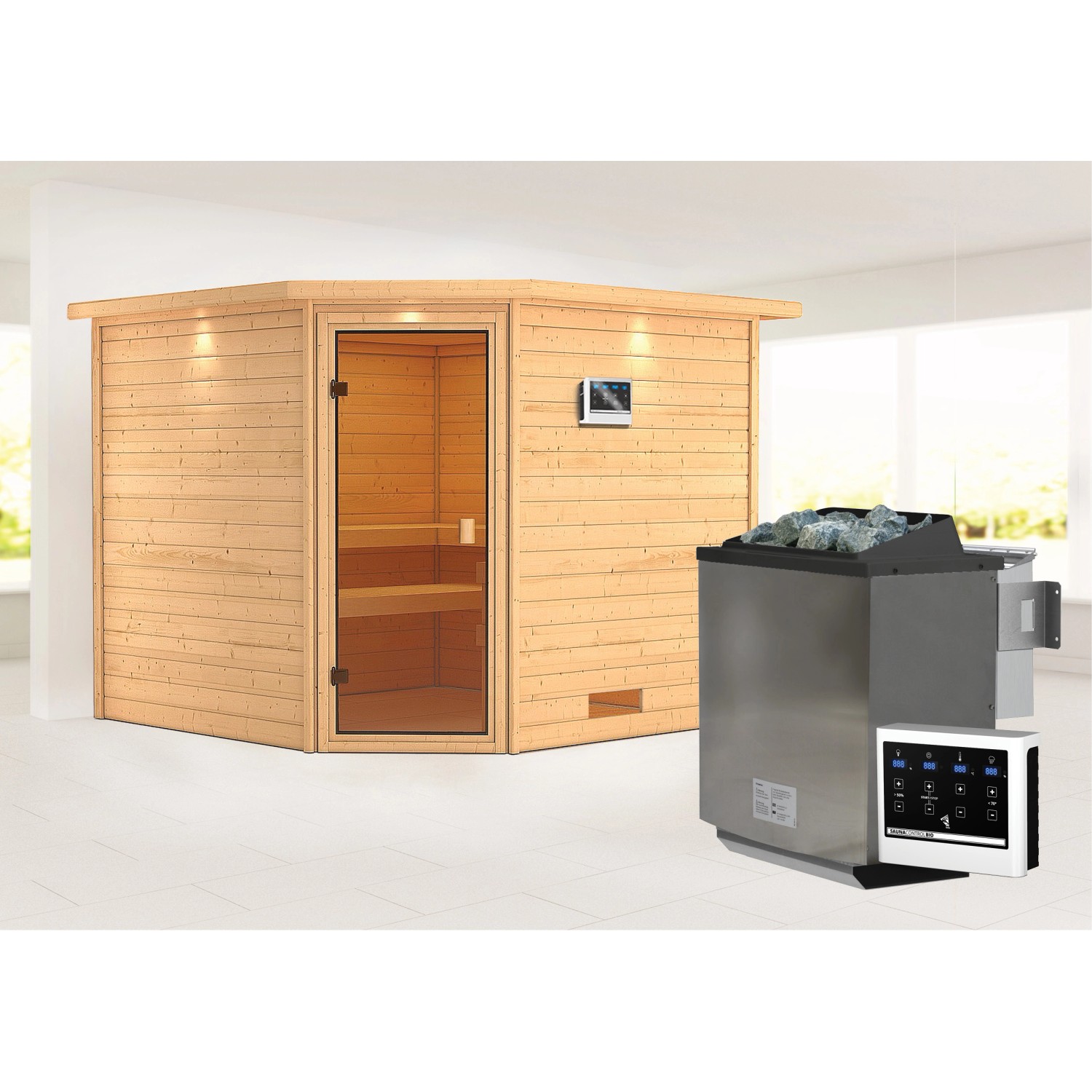 Karibu Sauna Leona und LED-Dachkranzer mit Bio-Ofen externe Stg.Easy Natur