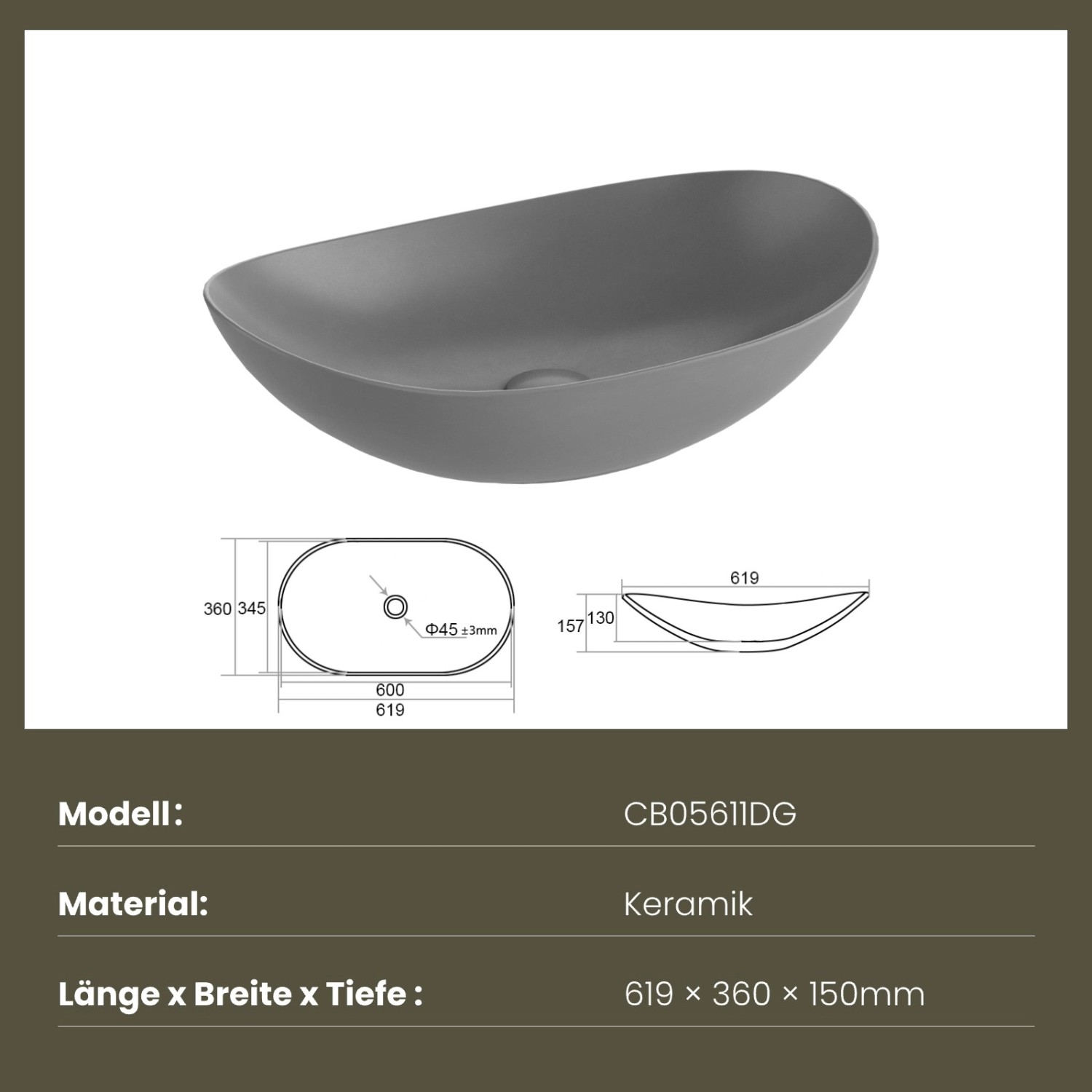 Emke Aufsatzwaschbecken, mattgrau, ovales Keramikwaschbecken für Bad & Gäste-WC, 61,5x36x15,5 cm.