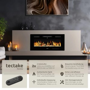 Schwarzer Tectake Elektro Wandkamin Luci mit 3D Flammeneffekt, Holz- und Glutimitation, in modernem Wohnzimmer.