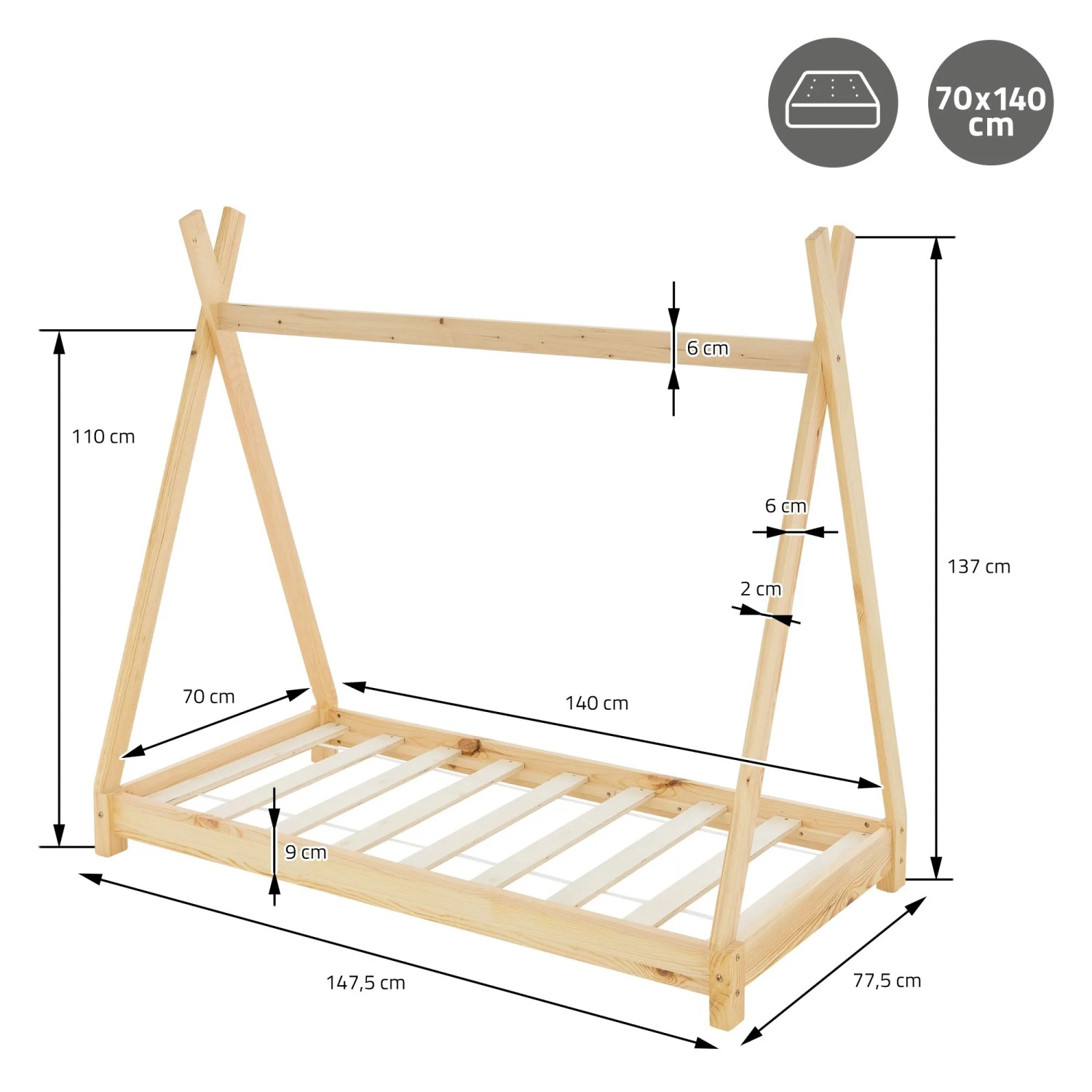 ML-Design Tipi Kinderbett 70x140 cm, Naturholz mit Lattenrost, Indianer Bett