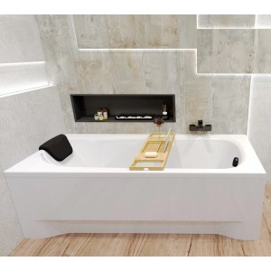 Weiße BONA Rechteck-Badewanne 160x70 mit schwarzer KODI Kopfstütze und Holz-Badewannenablage im modernen Bad.