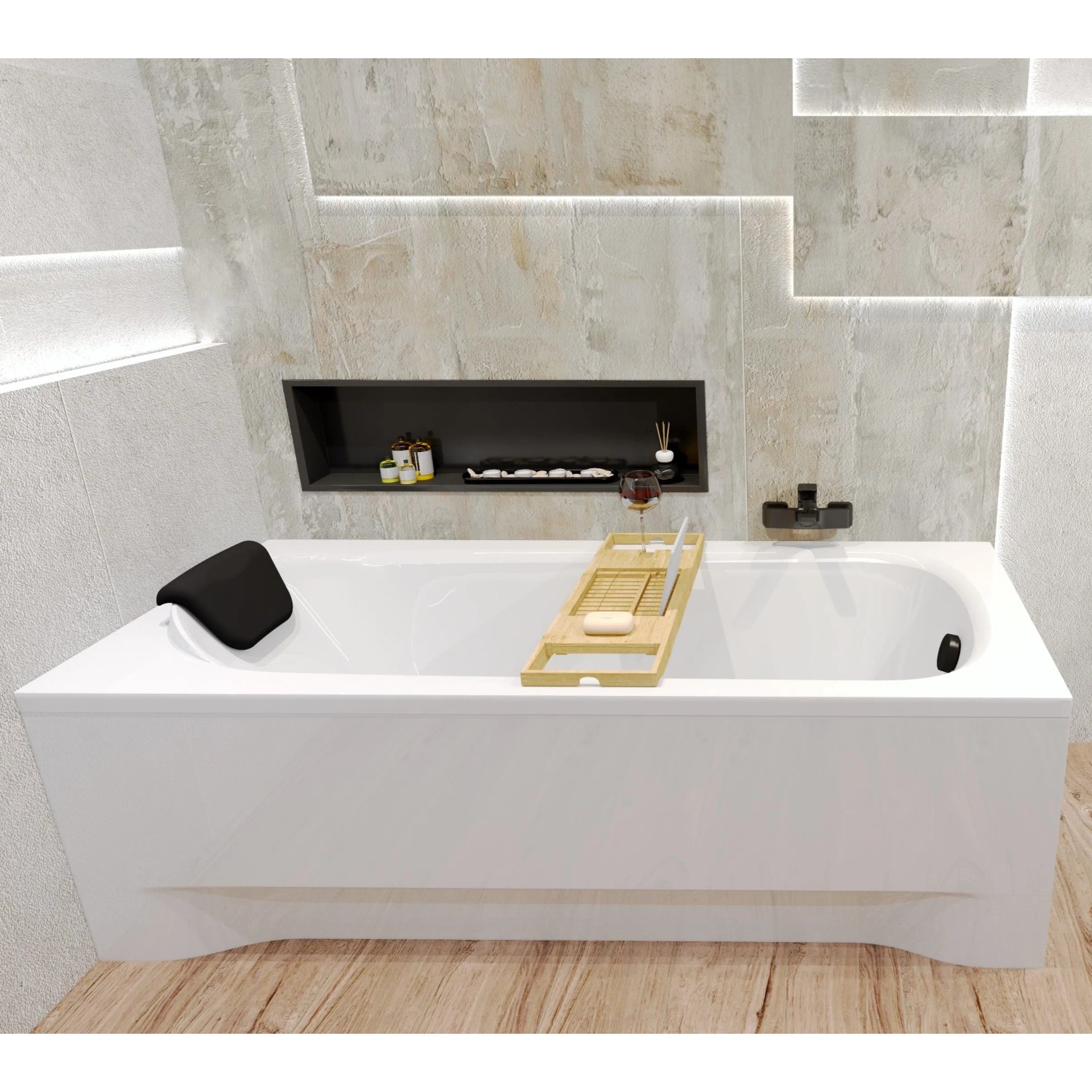Weiße BONA Rechteck-Badewanne 160x70 mit schwarzer KODI Kopfstütze und Holz-Badewannenablage im modernen Bad.