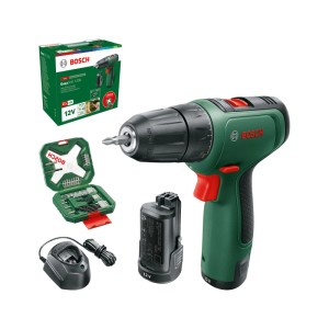 Bosch EasyDrill 1200 Akku-Bohrschrauber Set: grüner 12V Akkuschrauber, Akku, Ladegerät, Bit-Set und Koffer.