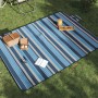 Gestreifte, blau-weiße Picknickdecke (200x150 cm) auf Rasen mit Picknickkorb und Buch.