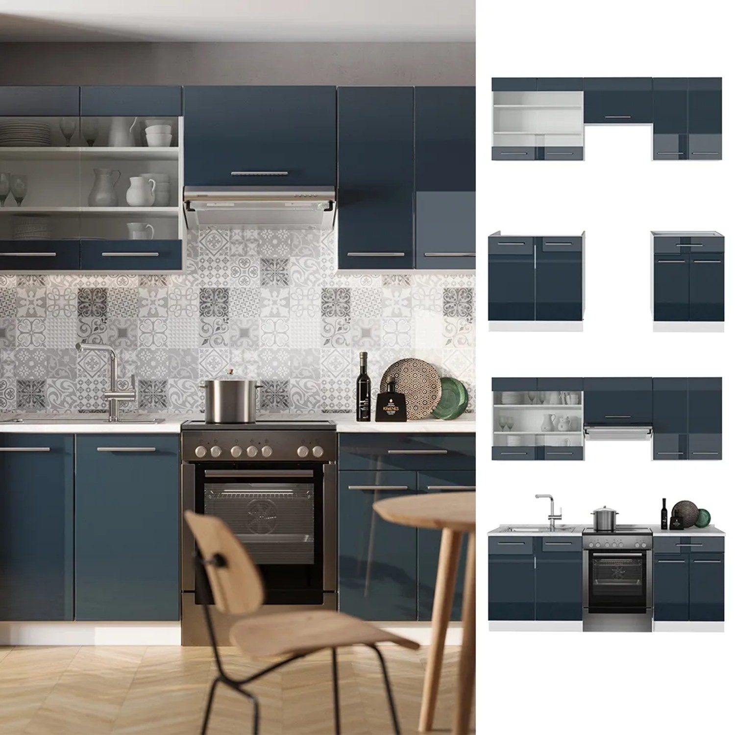 Vicco Fame-Line Küchenzeile, 200 cm, dunkelblau hochglanz/weiß mit anthrazitfarbener Arbeitsplatte.