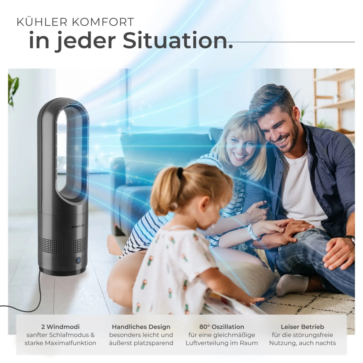 Tectake Turmventilator Polar, anthrazit, mit Oszillation und verschiedenen Geschwindigkeitsstufen.