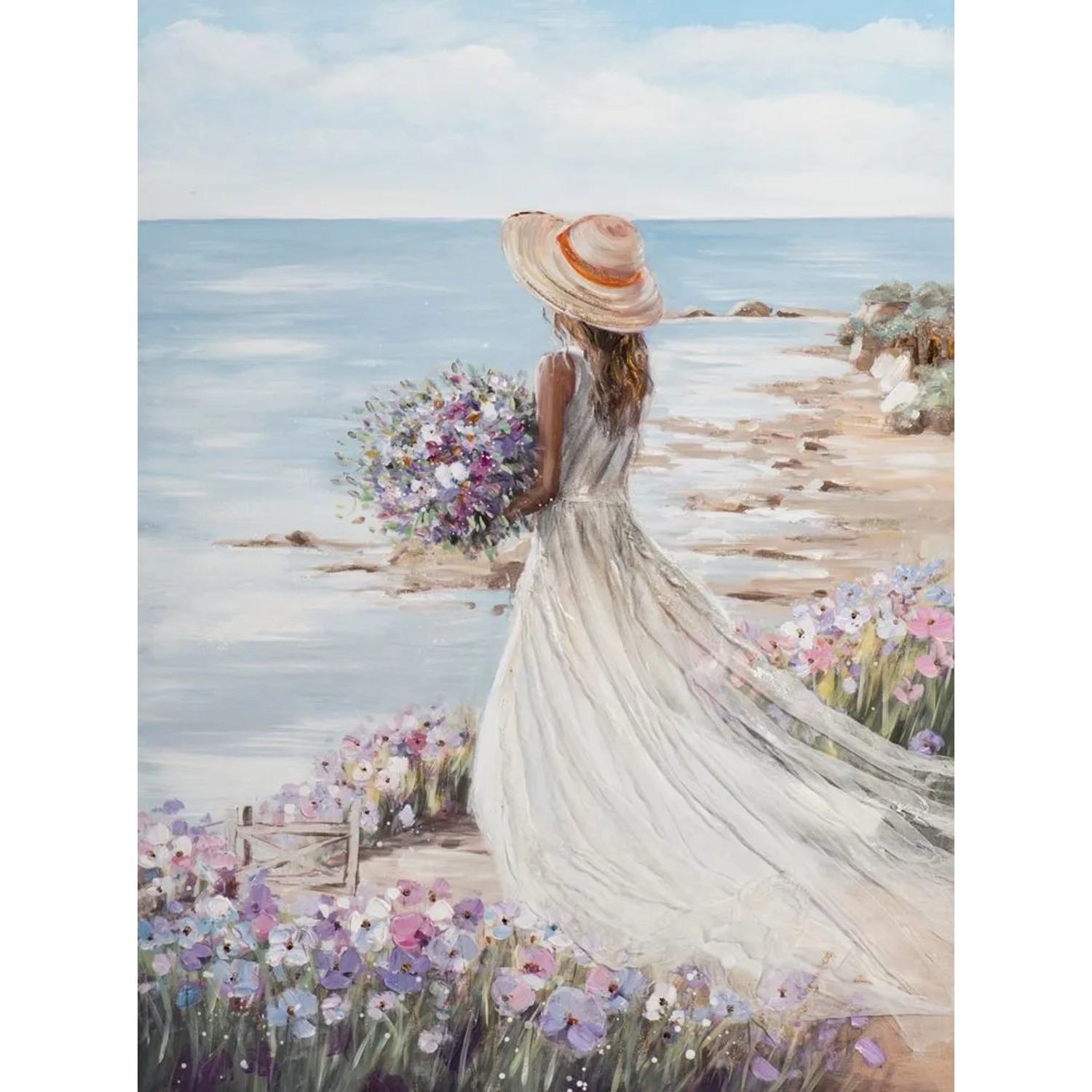 Art Universe Leinwandbild Frau Am Strand Mit Weißem Kleid 90 x 120 cm