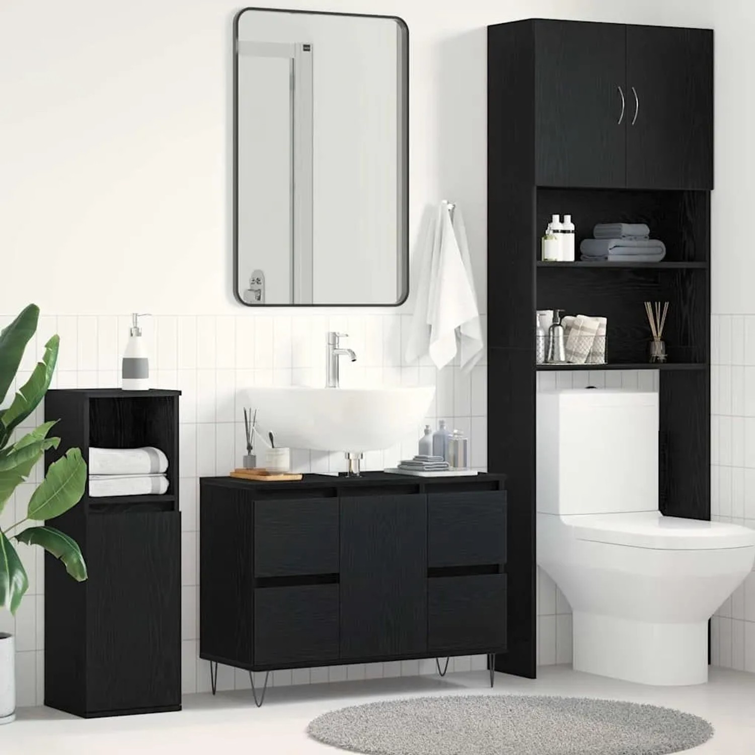 vidaXL Waschbeckenunterschrank in Schwarz Eichen-Optik mit Stauraum im Badezimmer.