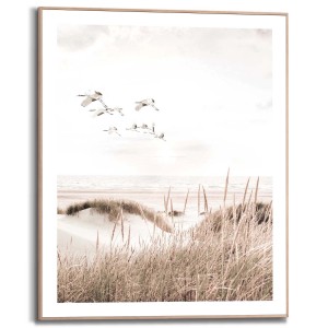 Gerahmtes Bild: Kraniche über Dünenlandschaft, beige, 50x40 cm. Wanddeko für Wohnzimmer.
