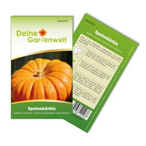 Samenpackung 'Deine Gartenwelt Kürbis Gelber Zentner'. Großer, gelber Speisekürbis abgebildet.